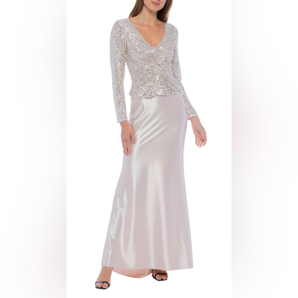 Marina Stretch Satin Long Sleeves Skirt Front Twist Detail Sequin Bodice Gown